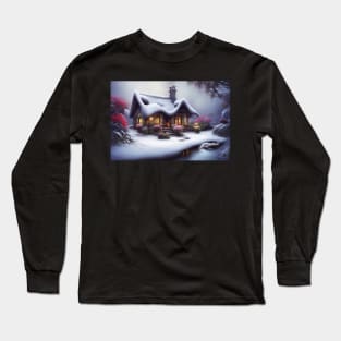 Magical Fantasy House with Lights in a Snowy Scene, Fantasy Cottagecore artwork Long Sleeve T-Shirt